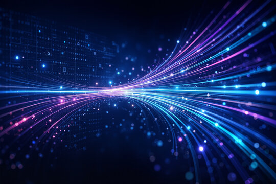 Curved lines of blue and purple light create a glowing, dynamic tunnel effect over a dark background scattered with tiny light particles and digits.
