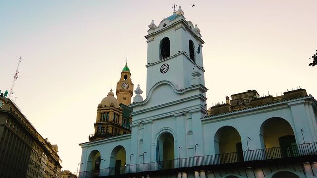 Historic Cabildo Colonial Building with Clock Tower at Sunset in Buenos Aires