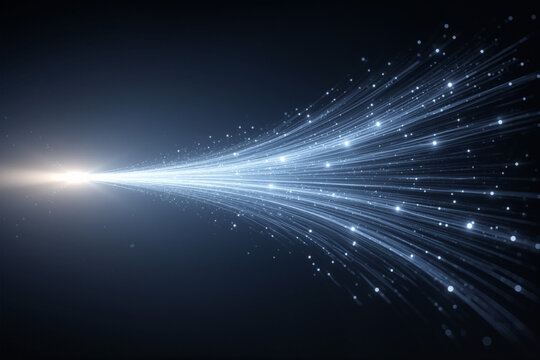 A stream of bright blue light particles and lines radiates from a single bright point against a dark background, creating a dynamic, flowing pattern of illuminated trails.