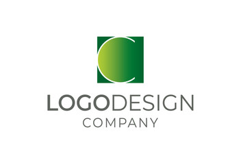 Logo design company emblem featuring a stylized green circle within a square, symbolizing modern graphic identity