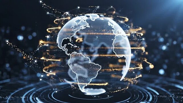 Digital globe model with connected light data lines and orbit rings set against a dark background for global business visuals.