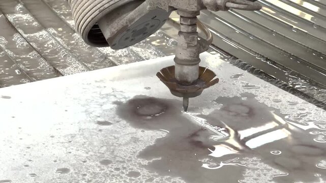 Water jet CNC machine cutting stone slab by high water pressure. Manufacturing, Industry.