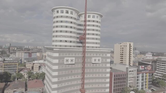 An aerial view of Nation center, Nairobi Kenya from a drone perspective.