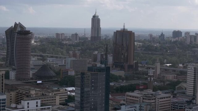 Aerial view of Nairobi Skyscrapers from a zoomed drone lens showcasing uptown Nairobi, Kenya