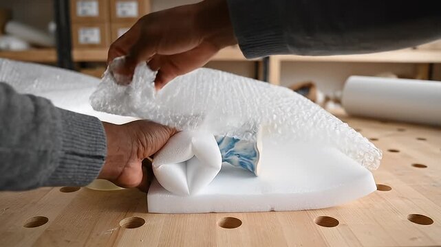 Hands unwrap protective packaging on wooden workbench.