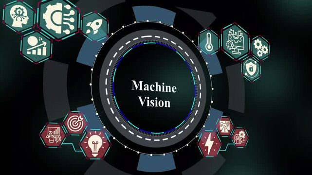 Machine vision technology concept with intelligent image processing, automated recognition systems, analytics visualization, and AI-driven perception.