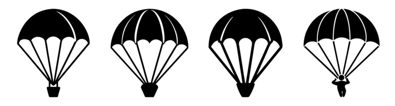 Four black and white parachutes vector icons descending isolated on transparent background for sports adventure travel