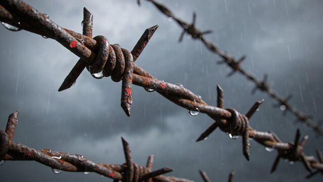 Rusty barbed wire fence with raindrops against a stormy sky. Symbol of oppression for International Day of Fascist Concentration Camps Prisoners Liberation