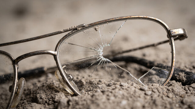 Broken eyeglasses with shattered lens on the ground. Symbol of Holocaust victims and tragedy. International Day of Fascist Concentration Camps Prisoners Liberation