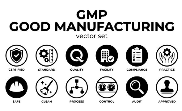 GMP Good Manufacturing GMP-Certification Manufacturing-Standard Quality-Production Certified-Facility Production-Compliance GMP-Practice Vector Set - GMP Certified