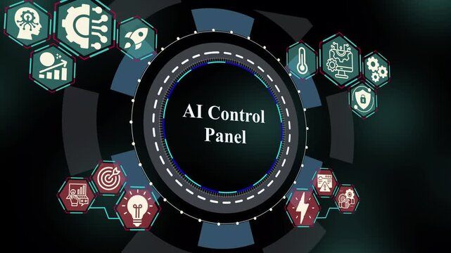 AI control panel interface with centralized intelligence management, real-time analytics visualization, automated system coordination, and digital control.