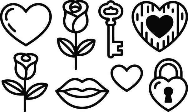 Romantic Symbol Silhouette Collection heart, lips, rose and love key line art for surface patterns, tattoo style graphics, branding and print design