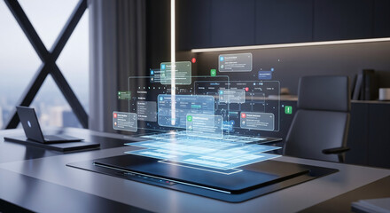 Futuristic Work Productivity Setup with Holographic Calendar