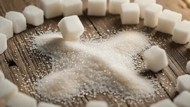 White Sugar Cubes Arranged in Circle Around X Shape Made of Granulated Sugar on Wooden Table with Soft Lighting and Gentle Sun Flare Across Frame