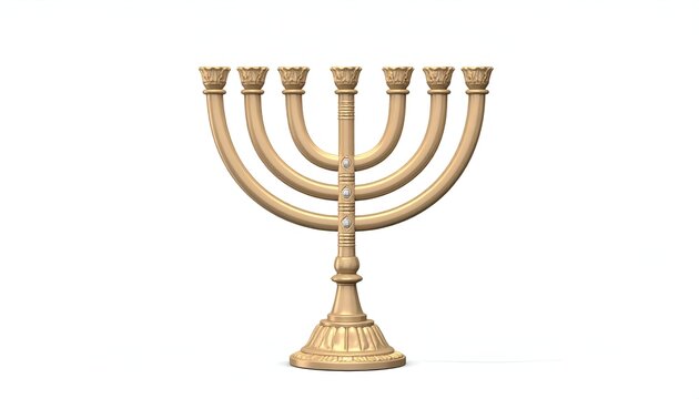 Gold seven-branched candelabrum on white background, symmetrically arranged with rounded arms and ornamental base