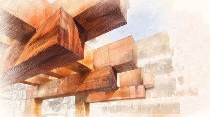 Warm Watercolor Illustration of Timber Beams at a Modern Construction Site Design