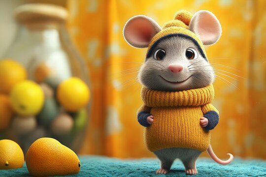  A young mouse in a warm sweater standing on a table. Illustration based on cartoons, comics, and humor.