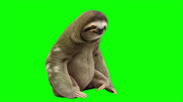Cute Three-Toed Sloth Sitting and Moving Slowly on Green Screen Background, Realistic Animal Animation