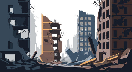 Damaged buildings in a cityscape after a disaster.