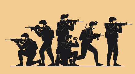 Silhouetted soldiers in tactical positions with rifles against a solid background. © Abhinaya Project