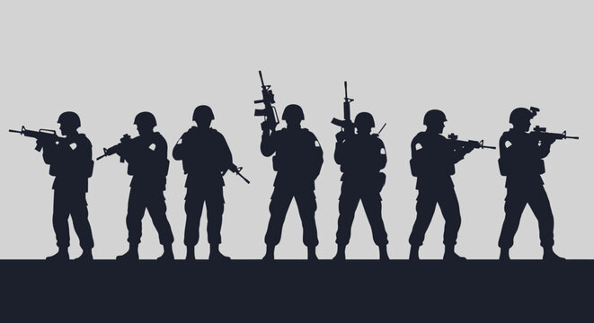 Silhouettes of soldiers standing in line with rifles.