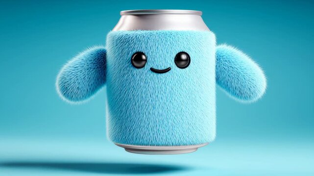 Blue fuzzy can character with arms and smiling face floats against a bright blue background, showcasing its playful design and soft texture in a whimsical setting