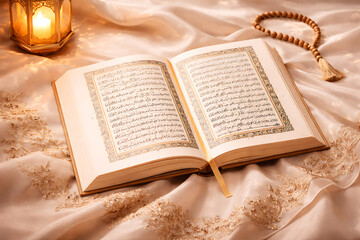 Obraz premium Open Holy Quran on Silk Fabric Soft Light Photo with Islamic Theme Serene Atmosphere Ba