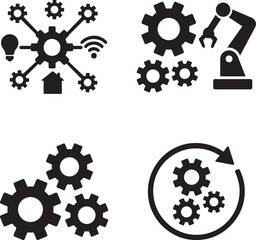 Automation gear system icons set with industrial robot settings and smart technology bundle