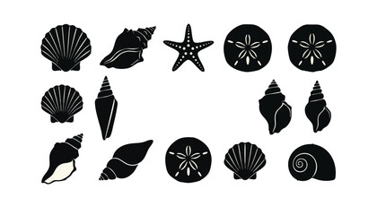 Coastal marine shell silhouette illustration pack for nautical and beach design