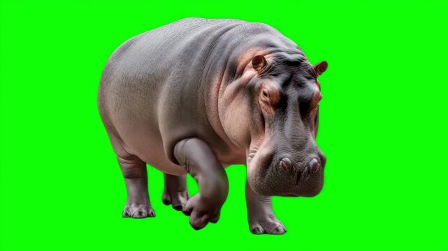 Large Common Hippopotamus Walking Toward Camera on Green Screen Background, Wild African Animal Video