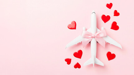 White airplane model adorned with a pink ribbon surrounded by red heart-shaped decorations and rose petals on a soft pink background with space for text