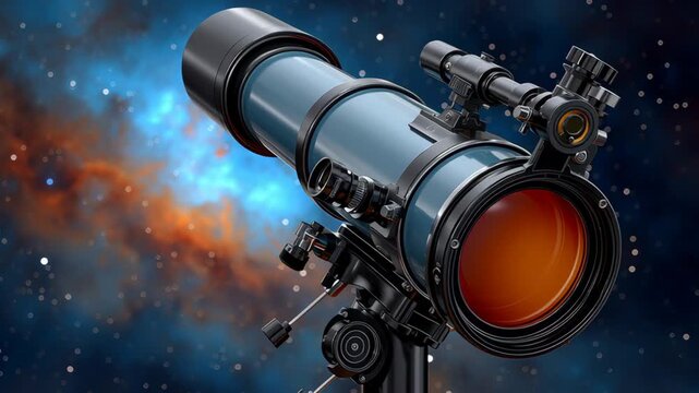 Telescope with orange lens and multiple attachments positioned against a cosmic background, showcasing intricate details of the optical components and mounting structure in a space-themed setting