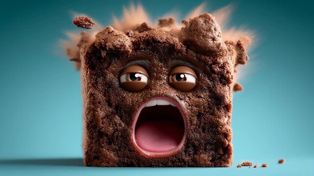 Animated chocolate brownie character with expressive eyes and mouth shows surprise as crumbs explode around it, set against a vibrant blue background in a playful and whimsical scene