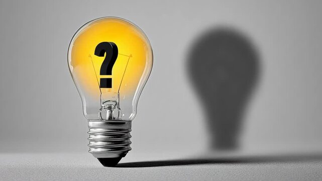 Light bulb with a yellow glow and a question mark inside, positioned on a gray surface, casting a shadow, symbolizing curiosity and inquiry in a minimalist setting