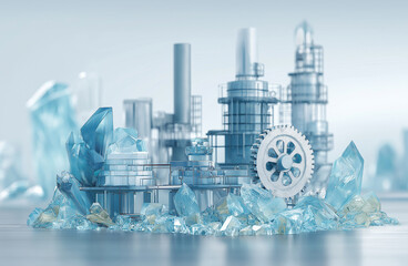 レアアース結晶と工業プラントが融合した未来産業インフラのイメージ