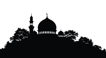 Mosque silhouette with dome and minaret on hill with trees © MinaStock