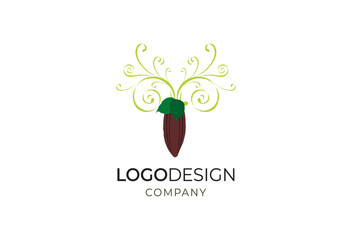 Creative logo featuring a stylized cocoa pod with decorative green vines, representing nature and organic food products