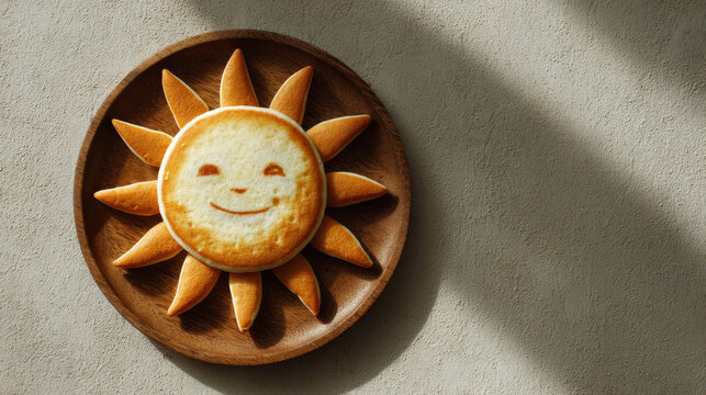 Smiling sun shaped pancake arranged on wooden plate, creative breakfast concept with warm light, playful food styling and minimal rustic background