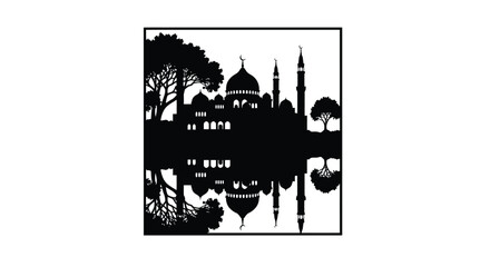 Obraz premium Mosque Silhouette with Dome and Minaret by the Lake at Night in Black and White