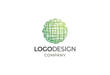 Abstract green sphere with lines and text 'LOGODESIGN COMPANY' below, representing a modern and creative connectiing  technology brand identity for a design firm