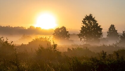 Golden sunrise scene sun beaming through a misty field with trees silhouettes in the background creating a hazy atmosphere