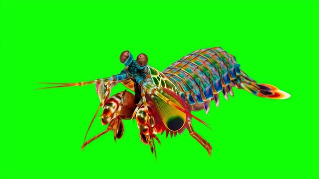 Realistic colorful peacock mantis shrimp moving on green screen background, isolated marine crustacean