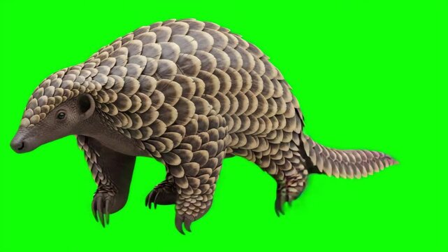 Realistic pangolin walking on a green screen background, isolated scaly anteater animal for editing
