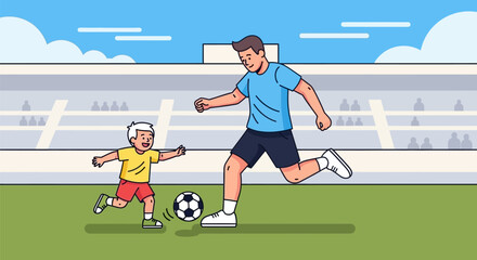 Fototapeta premium Man and boy playing soccer together outdoors.