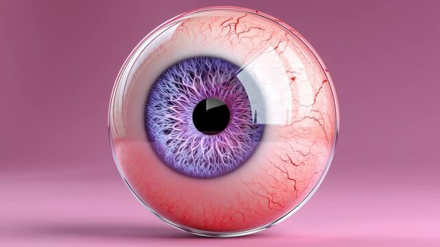 Detailed close-up of a realistic human eye with intricate iris patterns and visible blood vessels, showcasing the eye's surface texture against a soft pink background