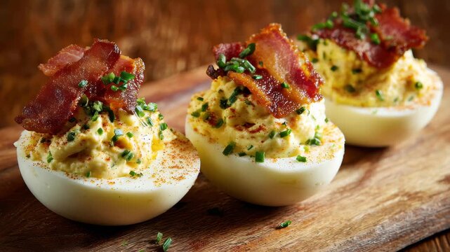 Deviled eggs topped with bacon pieces served on a wooden board in a kitchen setting