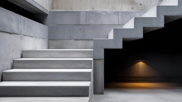 Concrete staircase with angular steps and illuminated corner, showcasing a modern architectural design in a minimalist indoor space with textured walls and soft lighting effects