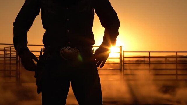 Man in cowboy hat silhouetted against a golden sunset at a ranch