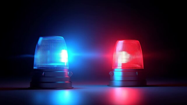 Red and blue lights flash from emergency vehicle lights during nighttime scene in a dark environment creating distinct contrast