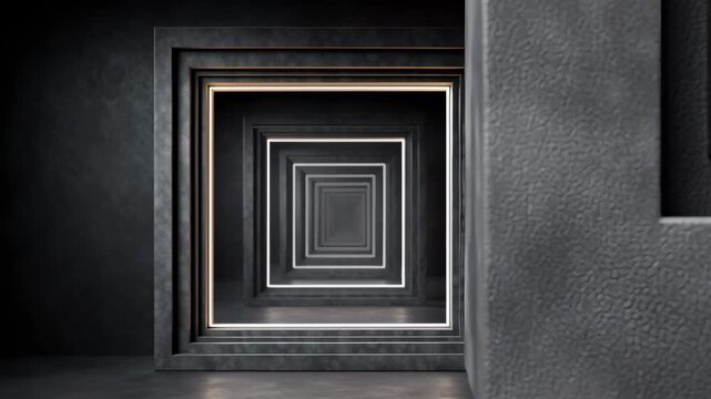 Series of three frames showing a progression of black and gray textured picture frames arranged in a continuous tunnel effect against a dark background, creating a sense of depth and perspective
